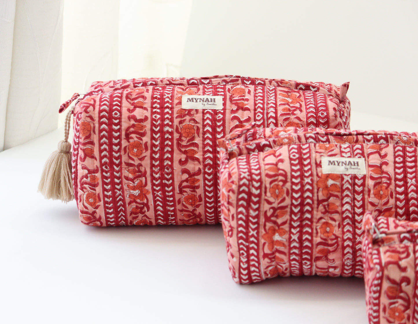 'TERRACOTTA STRIPES' hand block printed, quilted travel/makeup zipper pouch-LARGE only