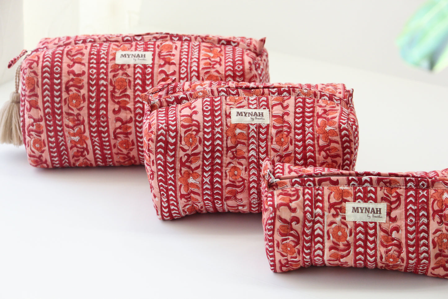 'TERRACOTTA STRIPES' hand block printed, quilted travel/makeup zipper pouch-LARGE only