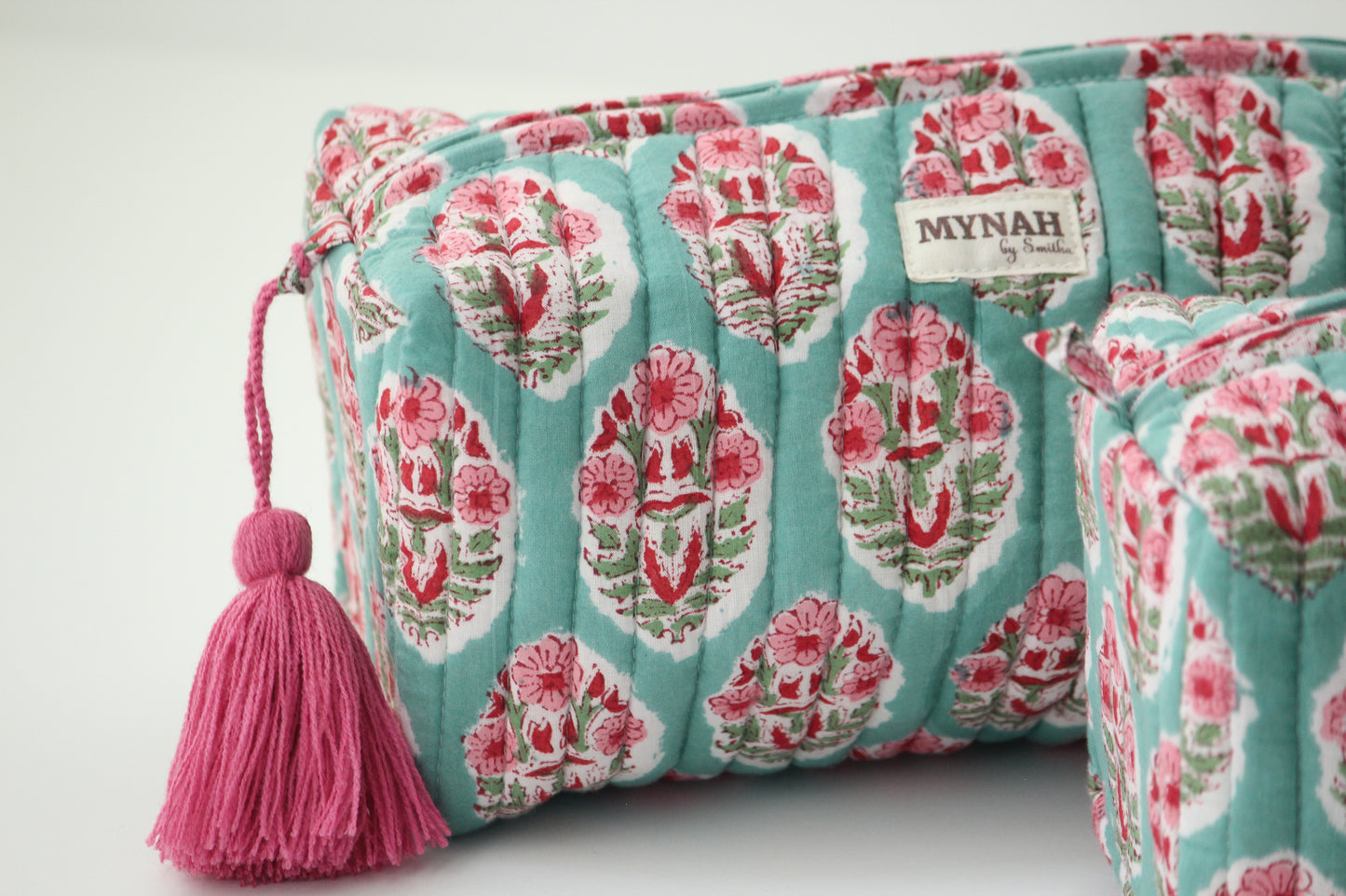 'TURQUOISE BOUQUET' hand block printed, quilted travel/makeup zipper pouch-LARGE only (Copy)