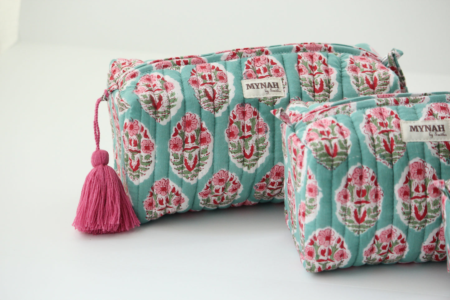 'TURQUOISE BOUQUET' hand block printed, quilted travel/makeup zipper pouch-LARGE only (Copy)