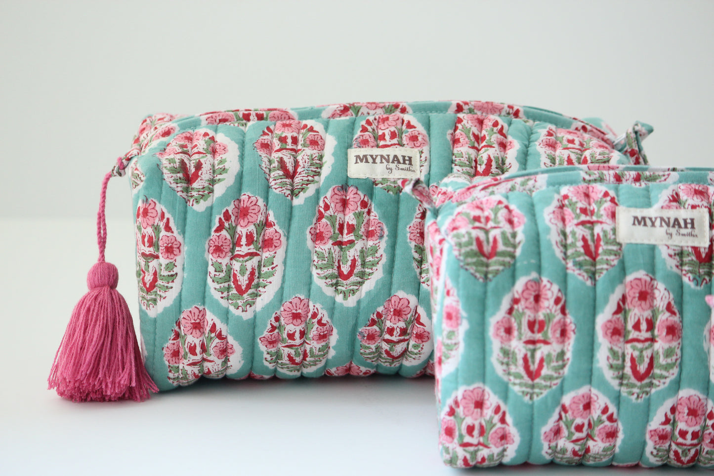 'TURQUOISE BOUQUET' hand block printed, quilted travel/makeup zipper pouch-LARGE only (Copy)