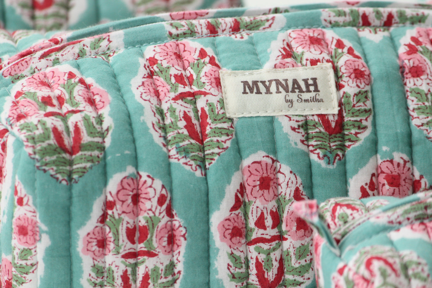 'TURQUOISE BOUQUET' hand block printed, quilted travel/makeup zipper pouch-LARGE only (Copy)