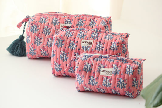 'WATERMELON SORBET' pink with blue motifs' printed travel/makeup zipper pouch-set of 3