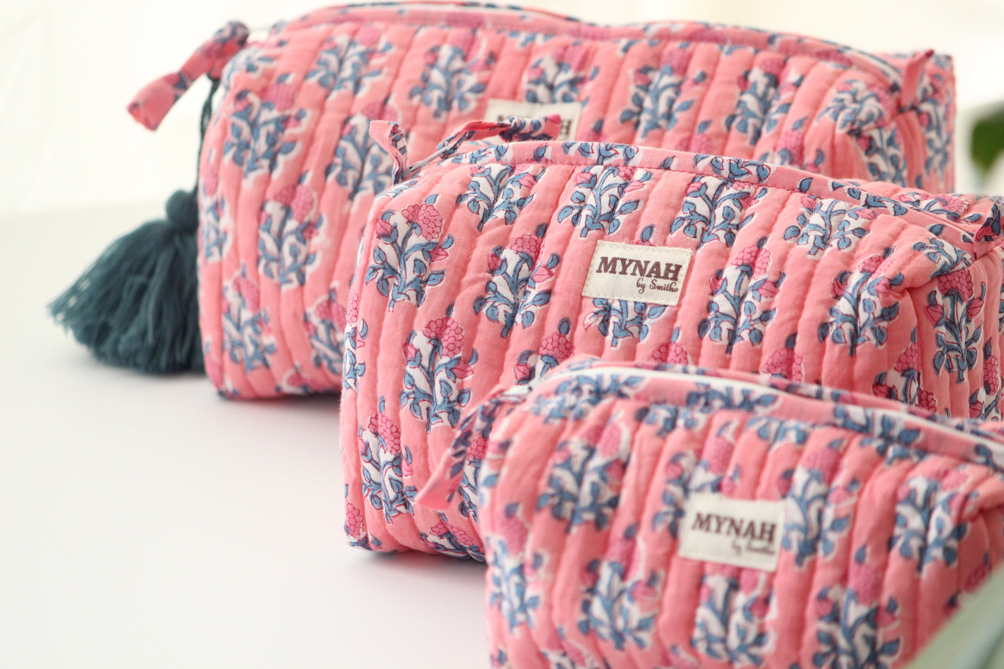 'WATERMELON SORBET' pink with blue motifs' printed travel/makeup zipper pouch-set of 3