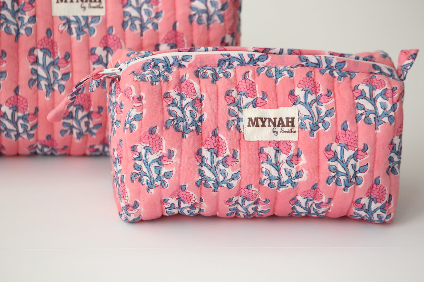 'WATERMELON SORBET' pink with blue motifs' printed travel/makeup zipper pouch-set of 3