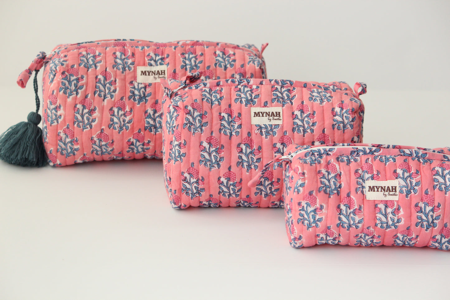 'WATERMELON SORBET' pink with blue motifs' printed travel/makeup zipper pouch-set of 3