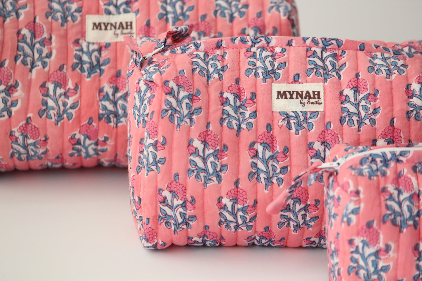 'WATERMELON SORBET' pink with blue motifs' printed travel/makeup zipper pouch-set of 3