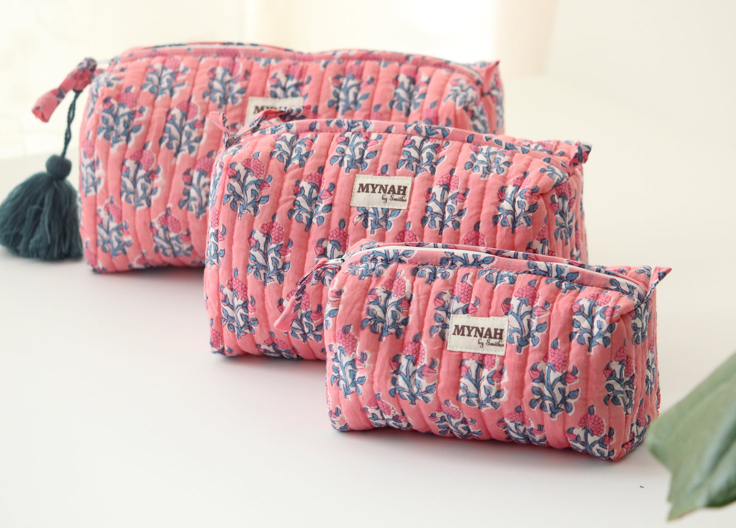 'WATERMELON SORBET' pink with blue motifs' printed travel/makeup zipper pouch-set of 3