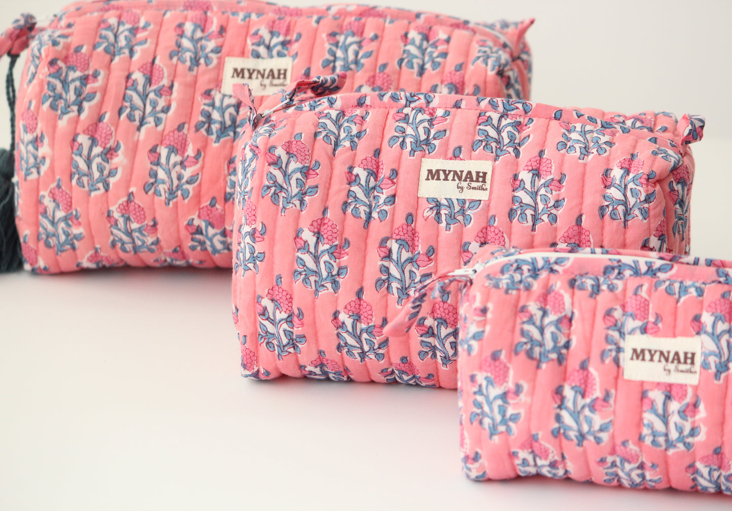 'WATERMELON SORBET' pink with blue motifs' printed travel/makeup zipper pouch-set of 3