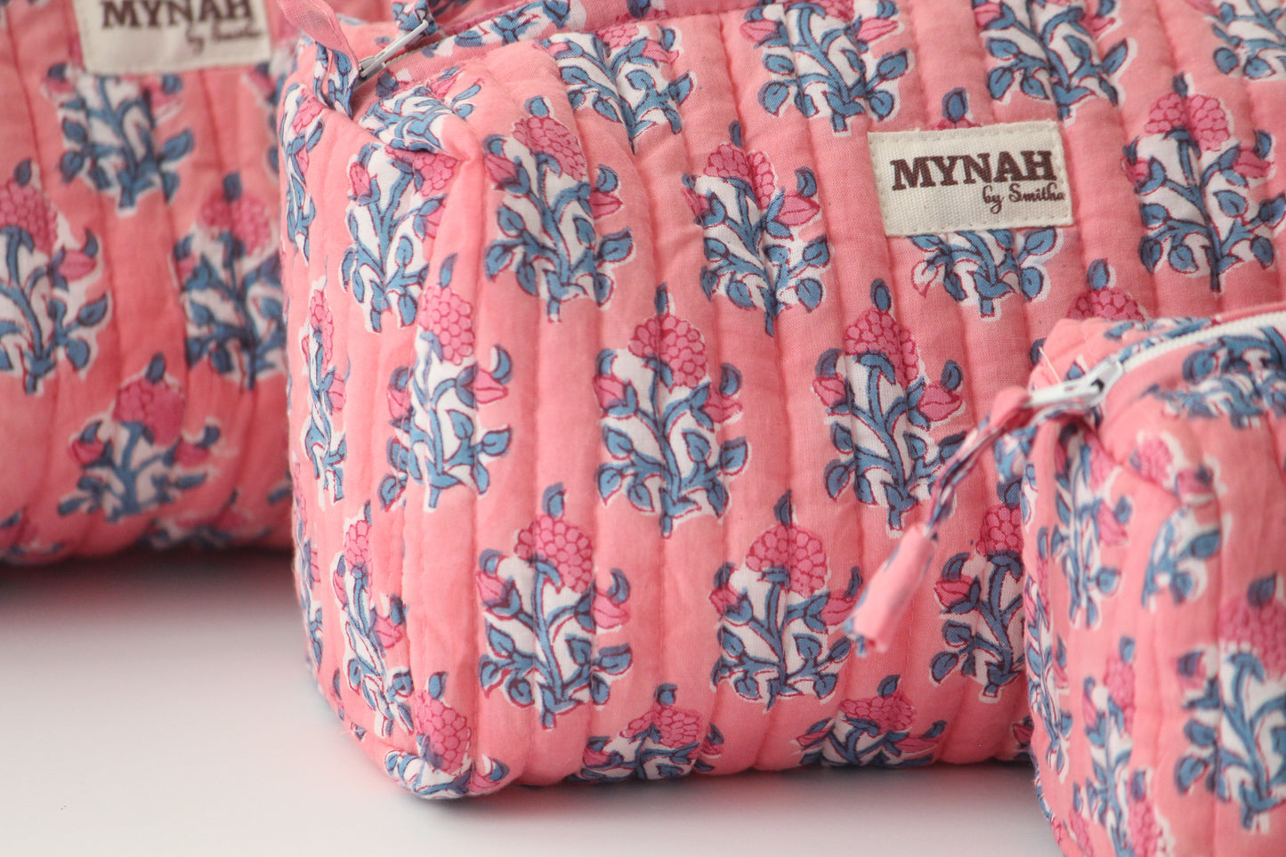 'WATERMELON SORBET' pink with blue motifs' printed travel/makeup zipper pouch-set of 3