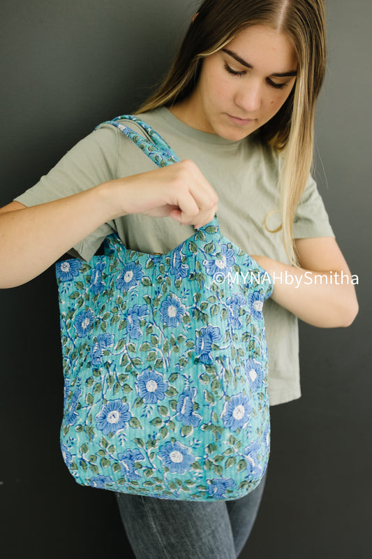 Blue floral print tote bag-Small